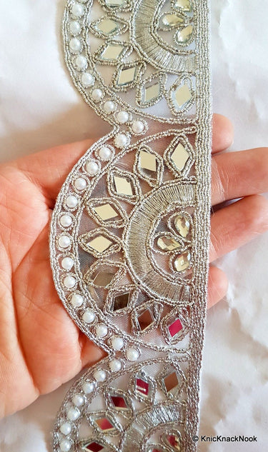 Silver Embroidered Lace Trim With Mirror, Beads And Pearl Embellishments, Approx. 53mm Wide - 140316L187